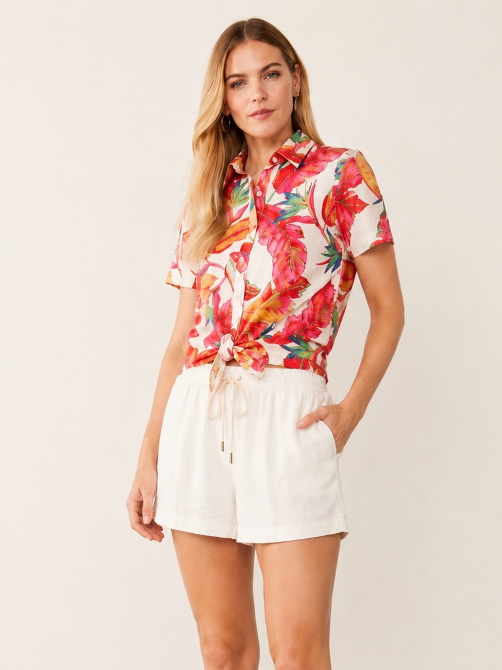 NINE WEST Farm Rio vibes Tropical Tie-Front Button Down Shirt Resort wear